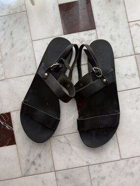 Ancient Greek Black Strappy Leather Sandals, 37